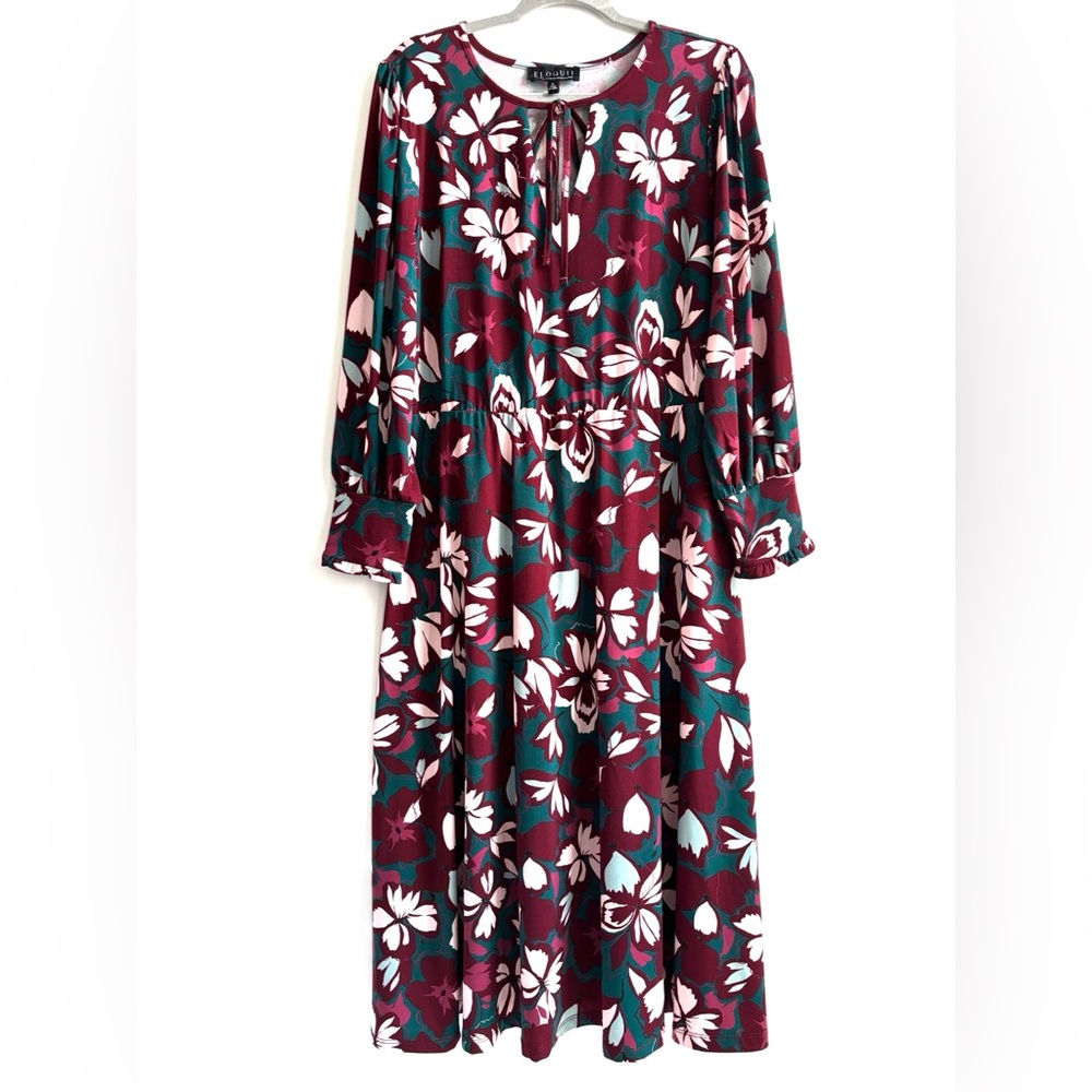 Eloquii Floral Print Longsleeve Maxi Dress Stretchy Green Maroon Plus Size 16